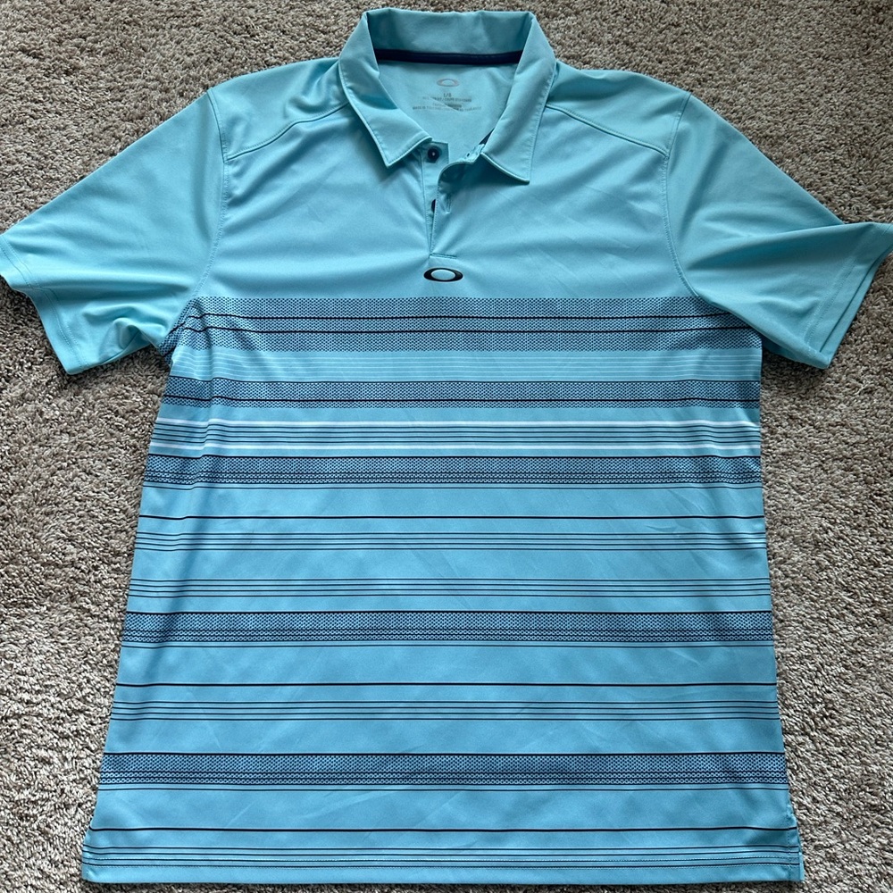 Oakley Men’s Golf Polo Shirt Light Blue Striped Short Sleeve Size Large L